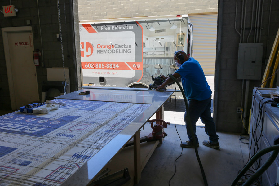 Orange Cactus Remodeling's in-house team fabricating quartz countertops at the Chandler shop, serving Mesa, AZ