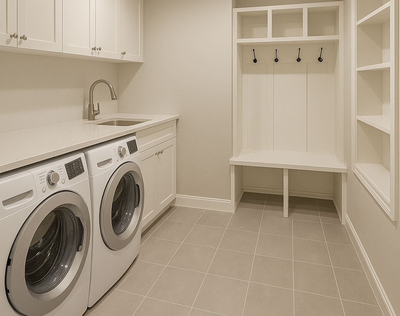 Laundry room remodel with custom built-in storage and bench seating