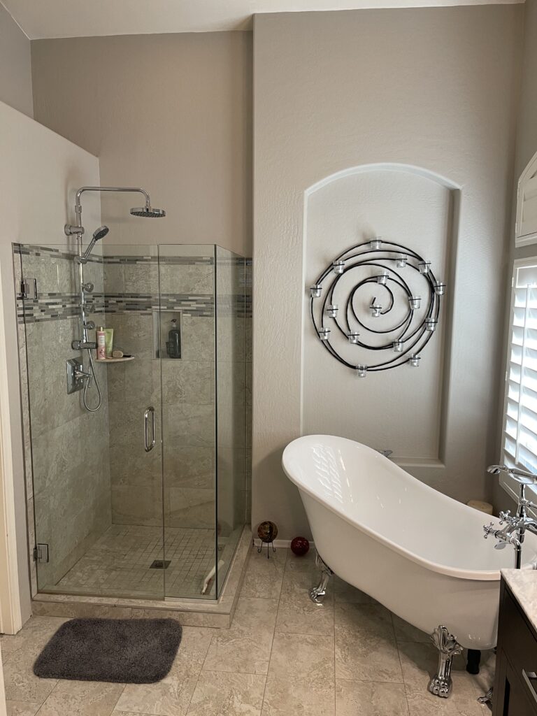 Bathroom remodel in Gilbert AZ with walk-in glass shower and freestanding tub
